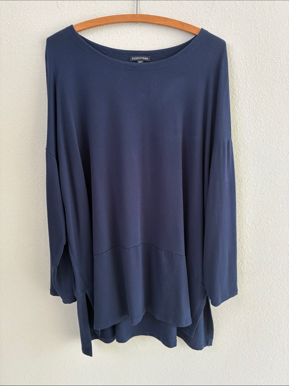 Eileen Fisher Long Sleeve Navy Blue Tunic High Low Hem Split Sides Size L/XL